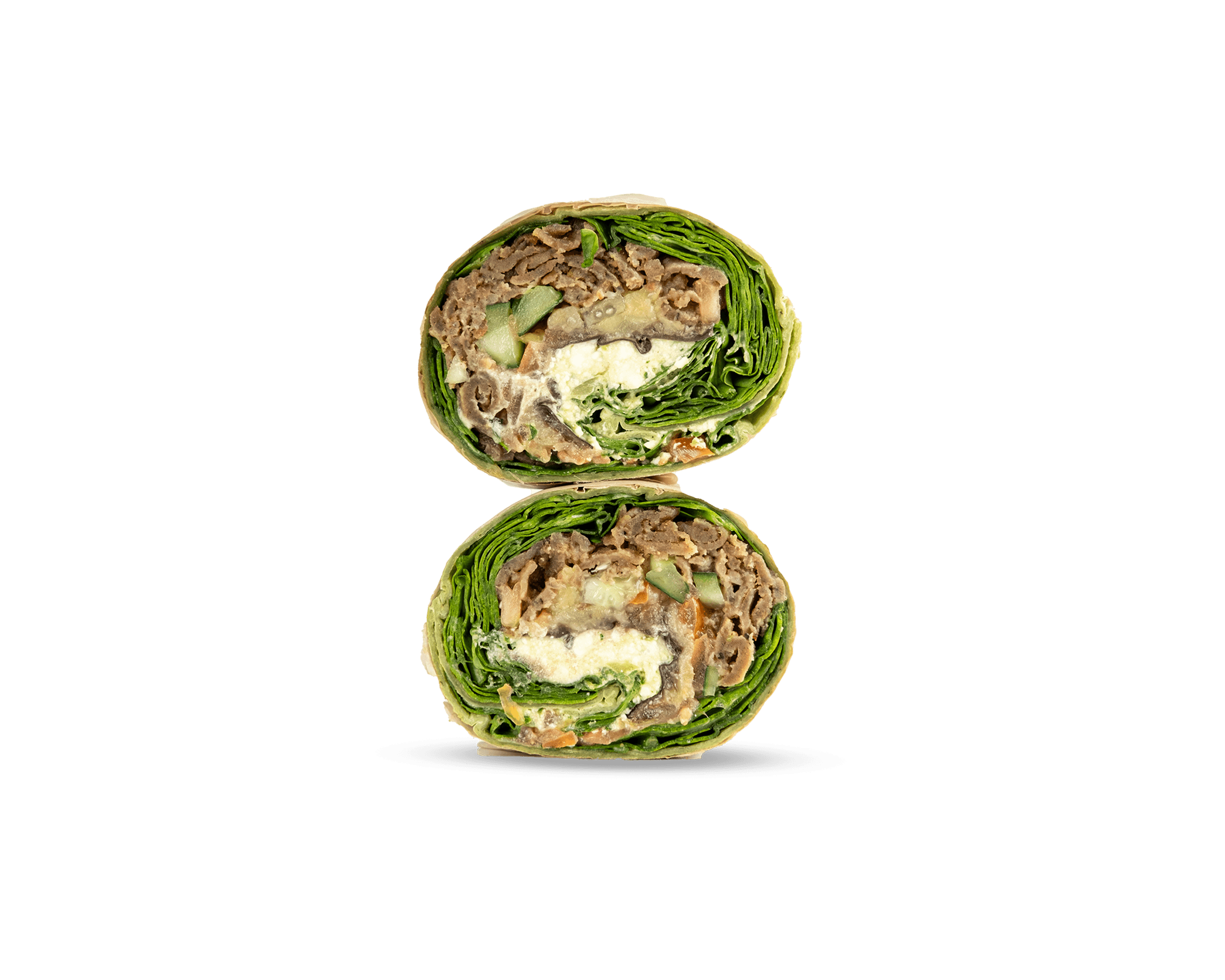 A tightly wrapped Mediterranean tortilla-style wrap featuring fresh vegetables and grilled protein.