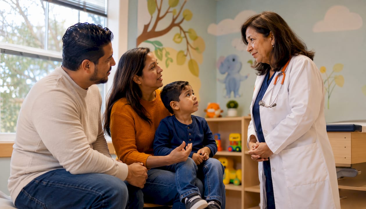 Pediatrician consulting bilingual family in exam room