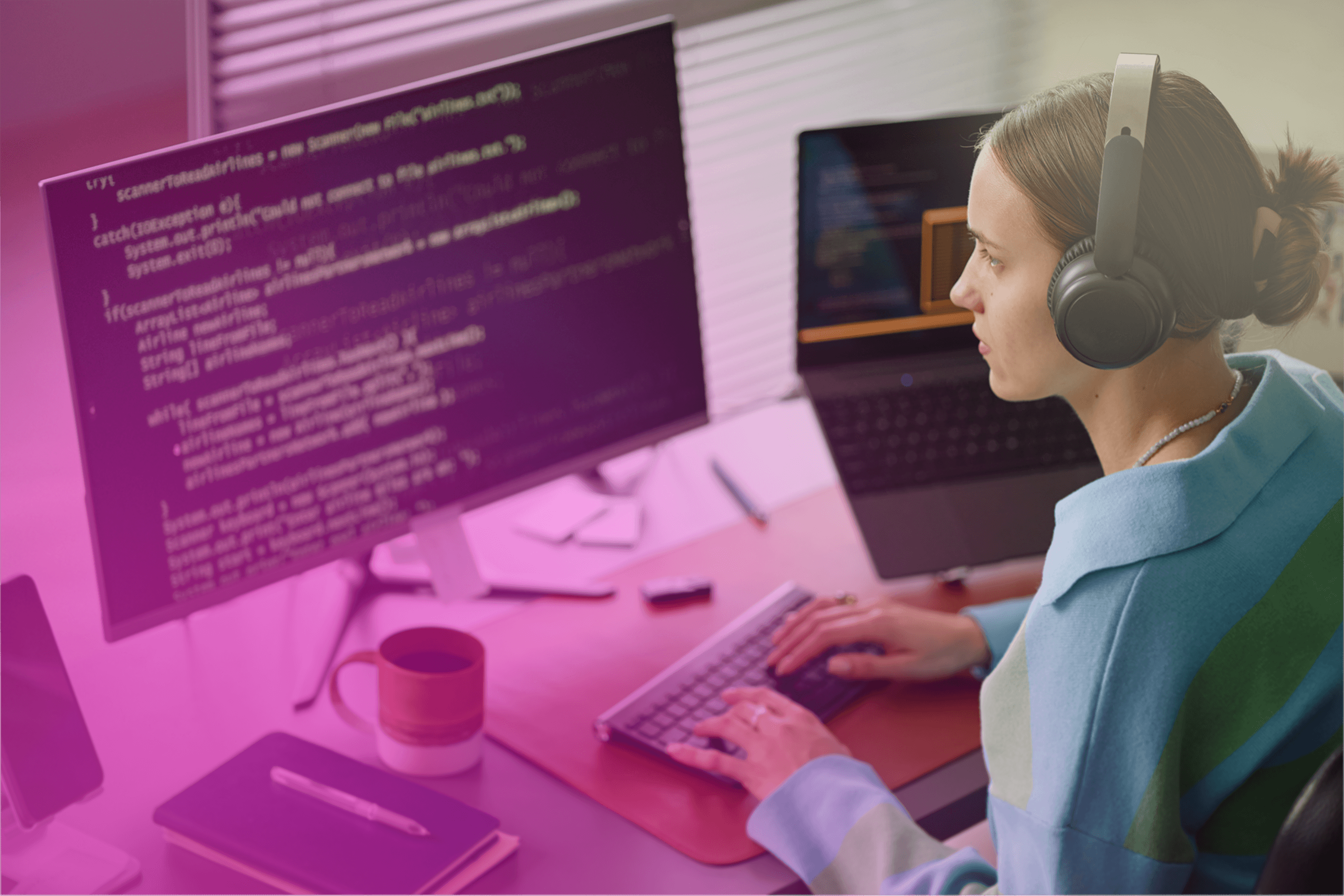 Hero image featuring a greyscaled communication platform on an abstract background.