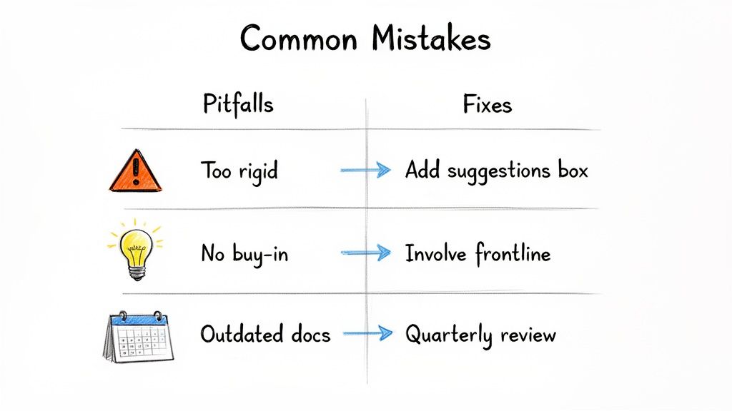A diagram outlining common mistakes (pitfalls) like 'too rigid' and 'no buy-in,' with suggested fixes.