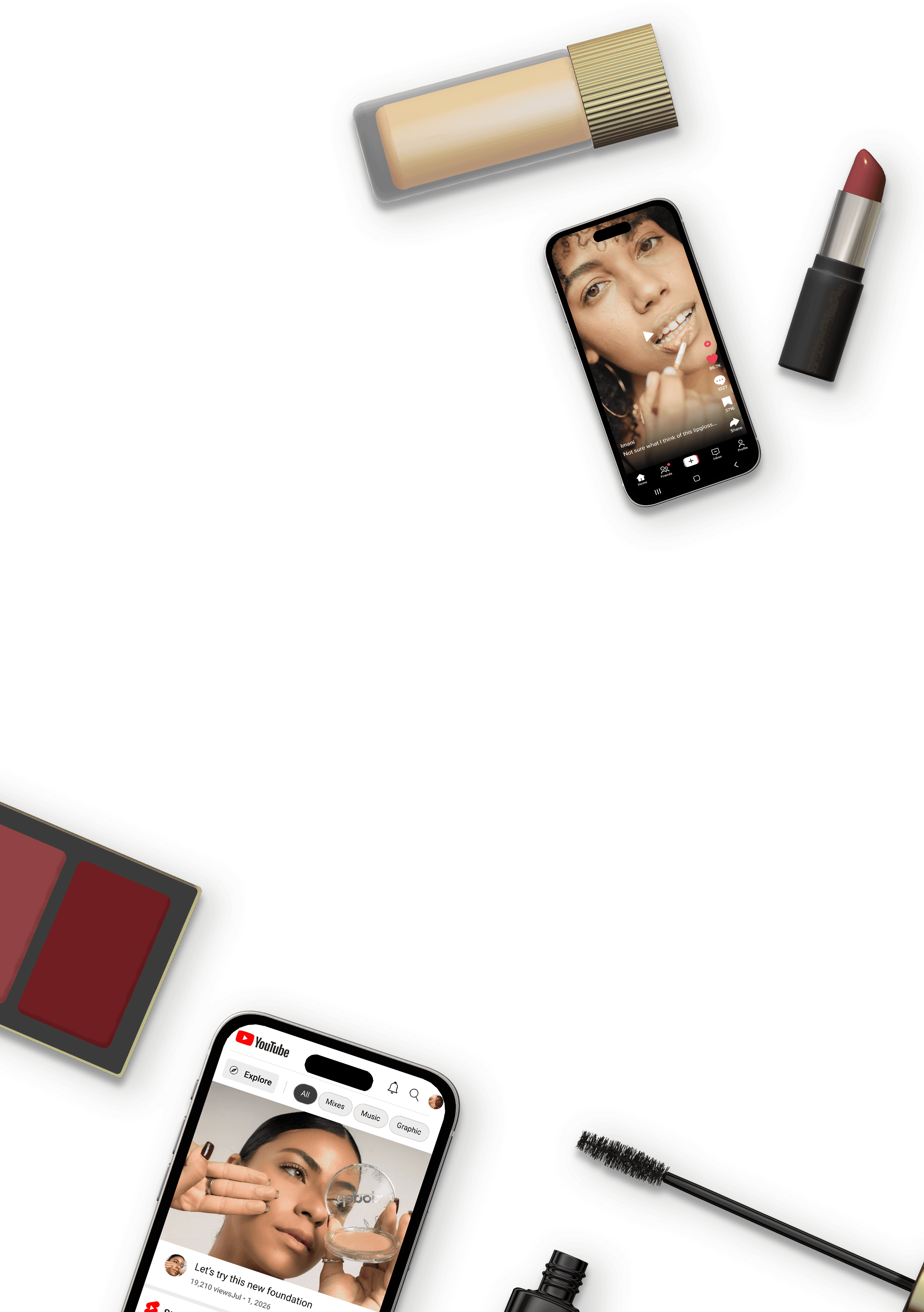Reelviews hero image — beauty products and smartphones showing creator reviews, representing a video-native comparison engine for foundations, mascaras, lipsticks and skincare
