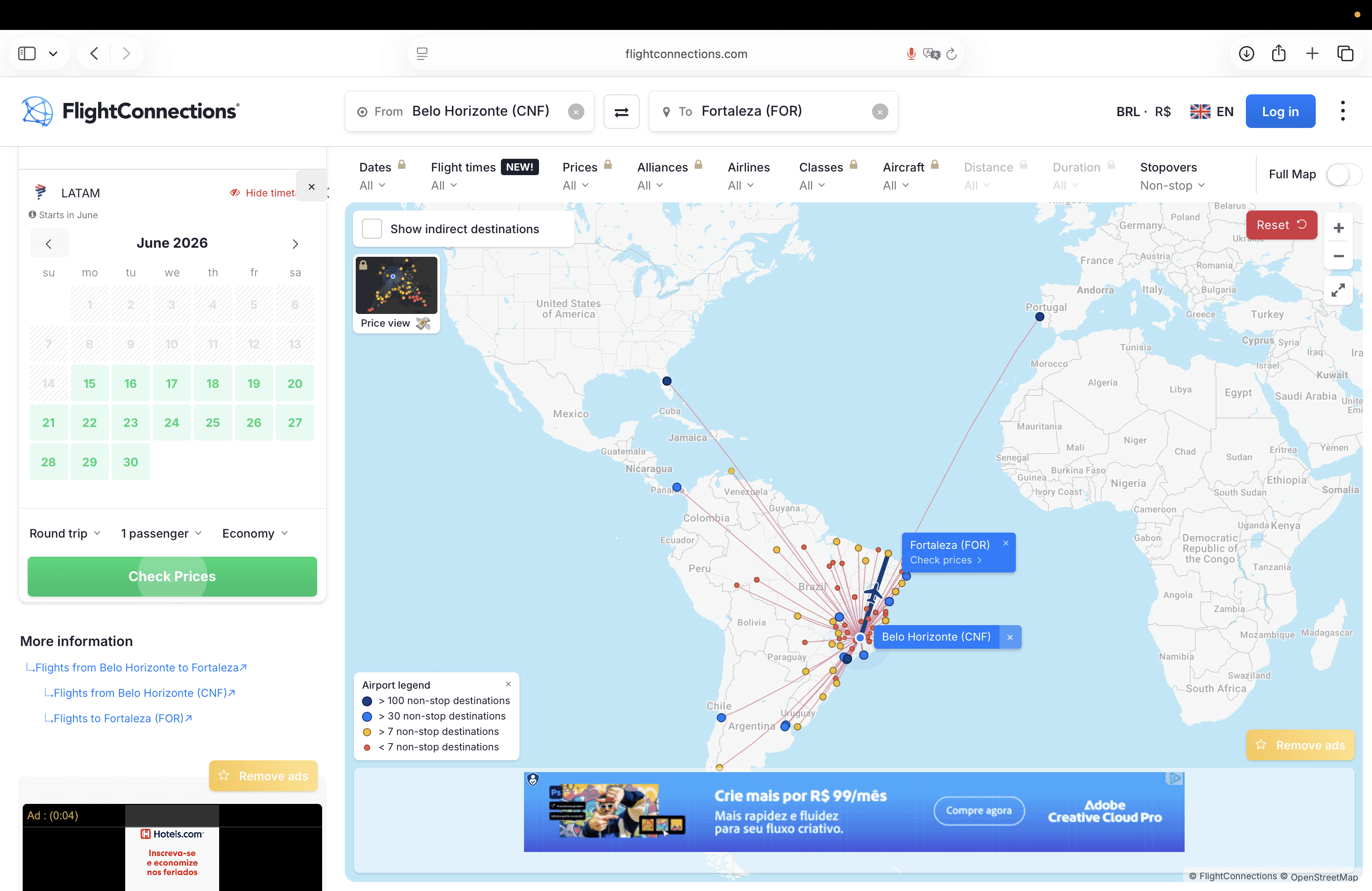 Mapa do FlightConnections mostra rota Belo Horizonte CNF para Fortaleza FOR operada pela Latam