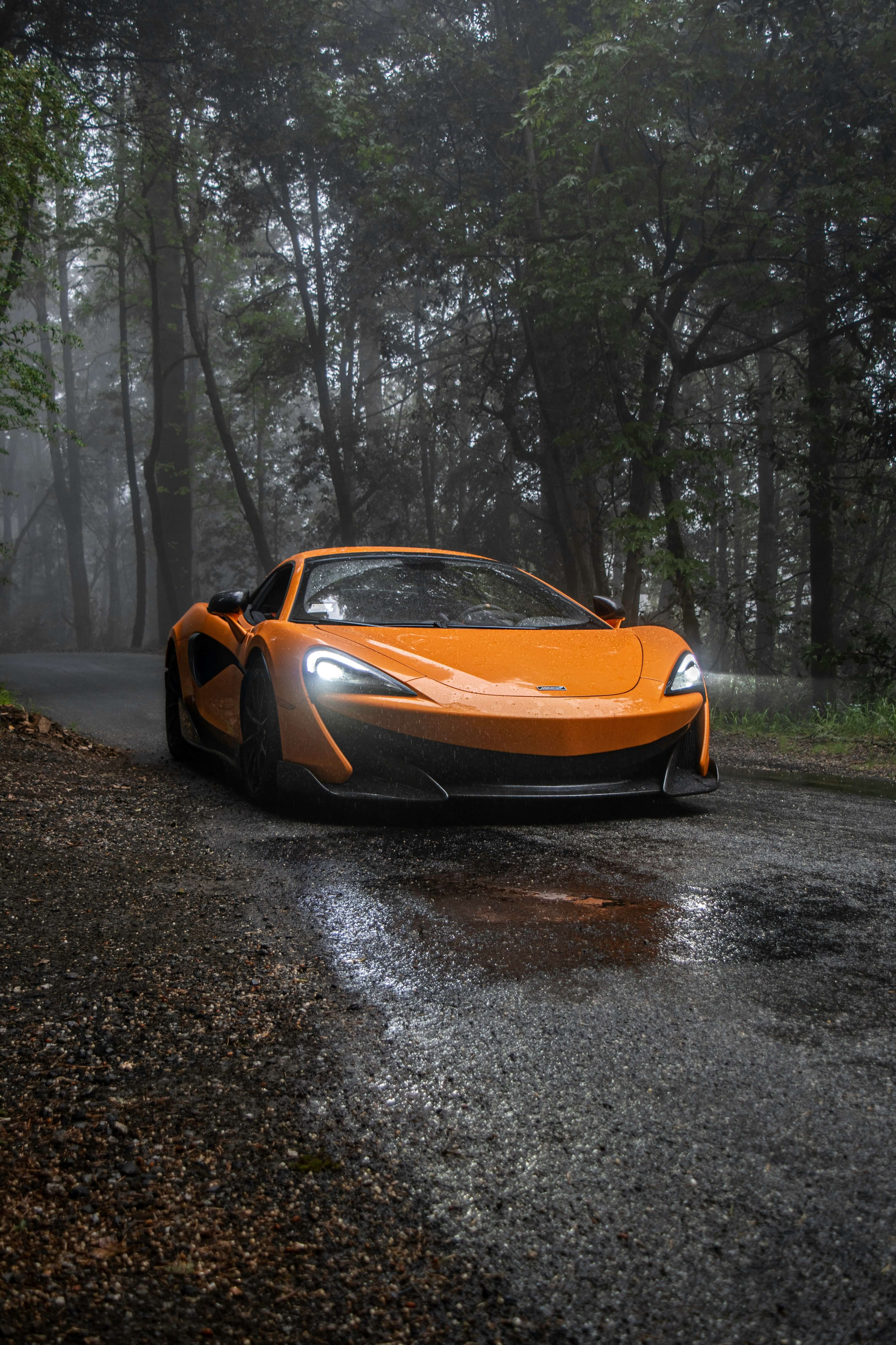 McLaren Supersportwagen auf nasser Straße im Wald