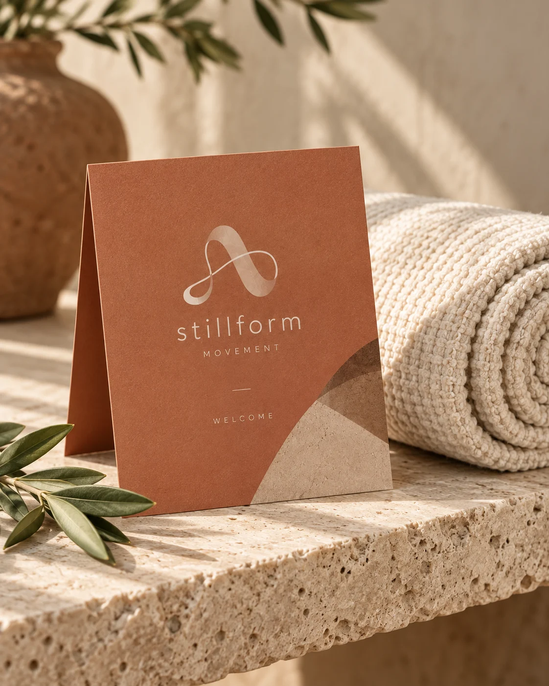 Stillform Movement — studio welcome card brand application