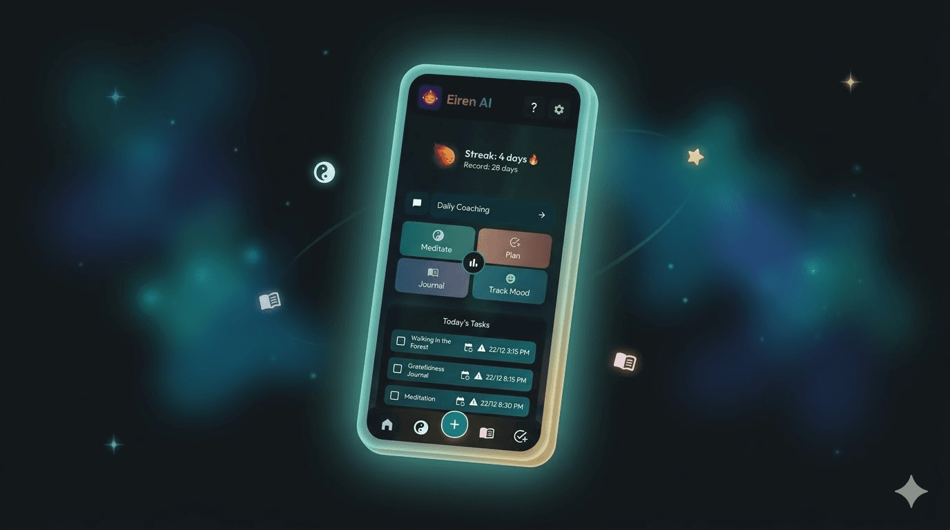 Eiren AI all-in-one personal growth app home screen showing daily streak tracker, Daily Coaching, Meditate, Plan, Journal and Track Mood features with today's tasks on dark background with floating mindfulness icons