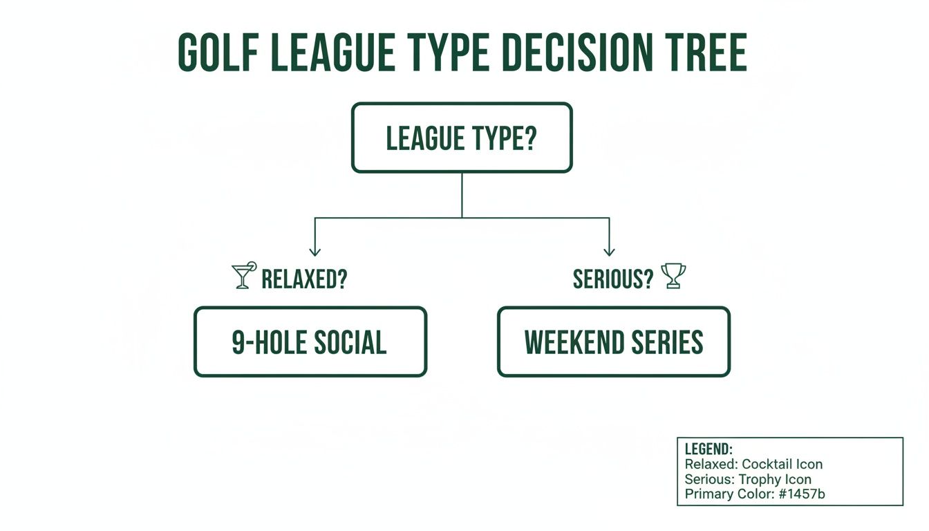 A golf league type decision tree flowchart offering choices between relaxed 9-hole social or serious weekend series.