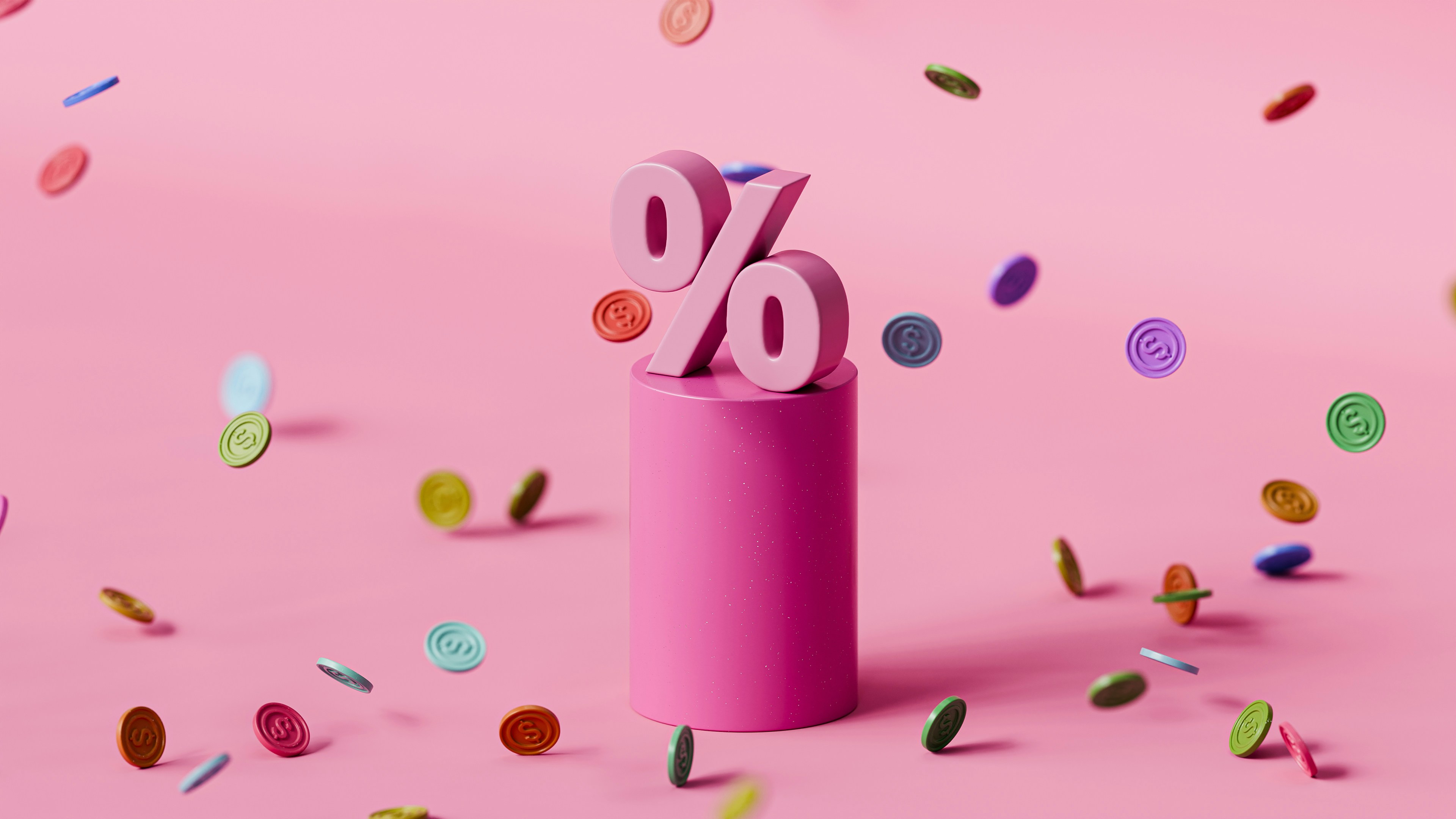 A 3d rendering of a percentage sign, surrounded by coins.