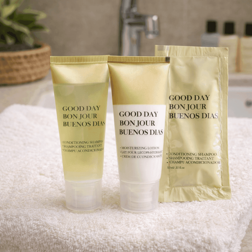Good Day hair and body tubes and sachets by Transmacro Amenities displayed on towel in a hotel bathroom setting