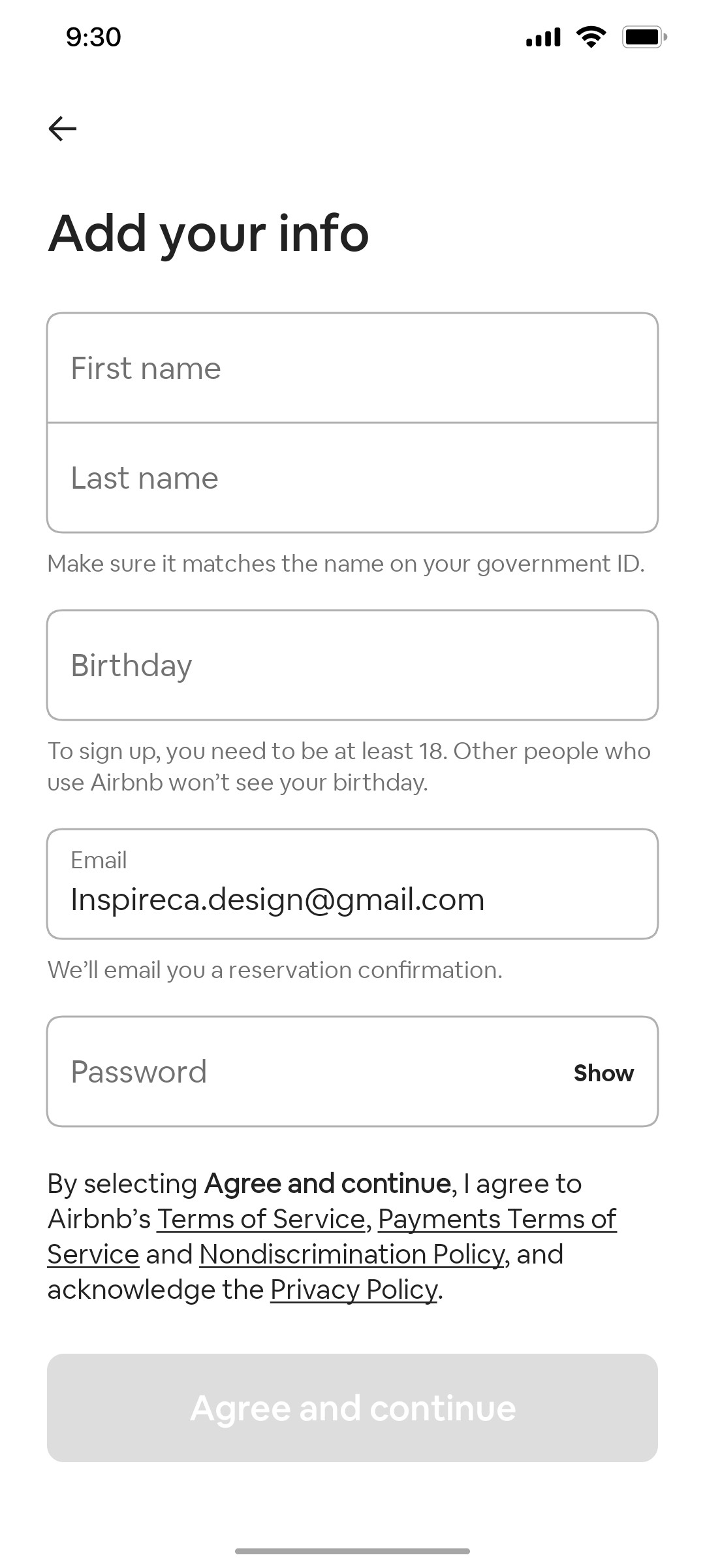Airbnb Signup Details screen