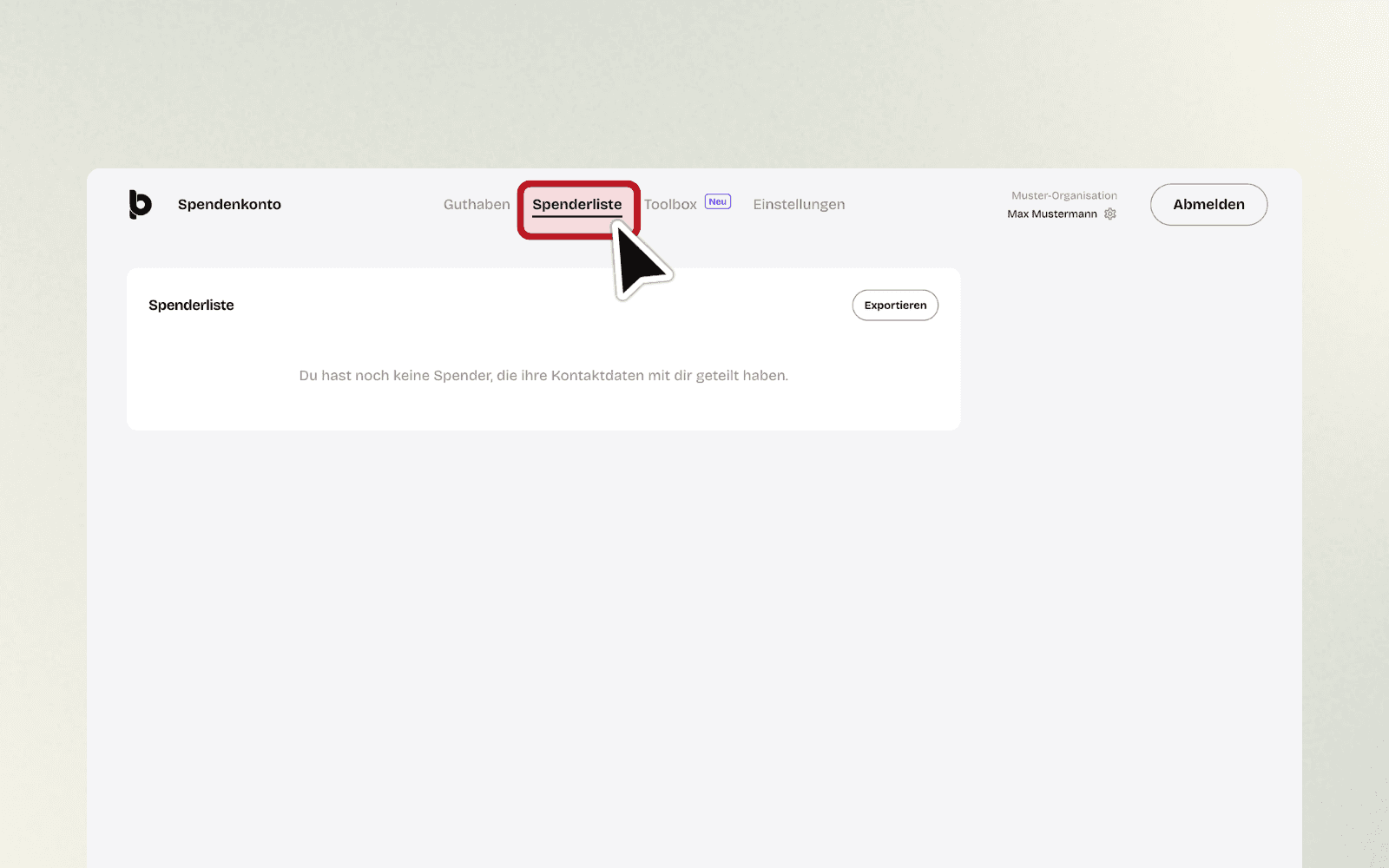 Bereich Spenderliste mit dem Hinweis, dass noch keine Spenderkontakte geteilt wurden.