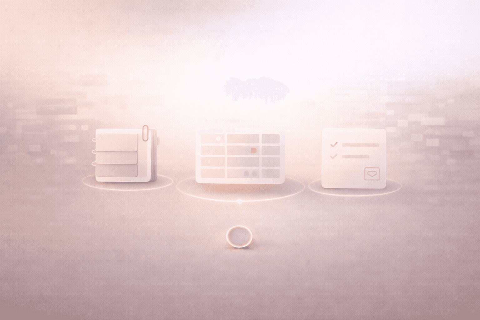 Minimalistische 3D-Illustration auf warmem cremebeigem Hintergrund mit drei schwebenden Karten in einer leichten Bogenanordnung: links ein Notizbuch-Stapel mit Büroklammer, in der Mitte ein strukturiertes Datenbankraster mit kleinem korallfarbenen Akzent und rechts eine einfache Notizseite mit Checkliste und Scan-Symbol, ergänzt durch einen dezenten Timer-Ring am unteren Rand.