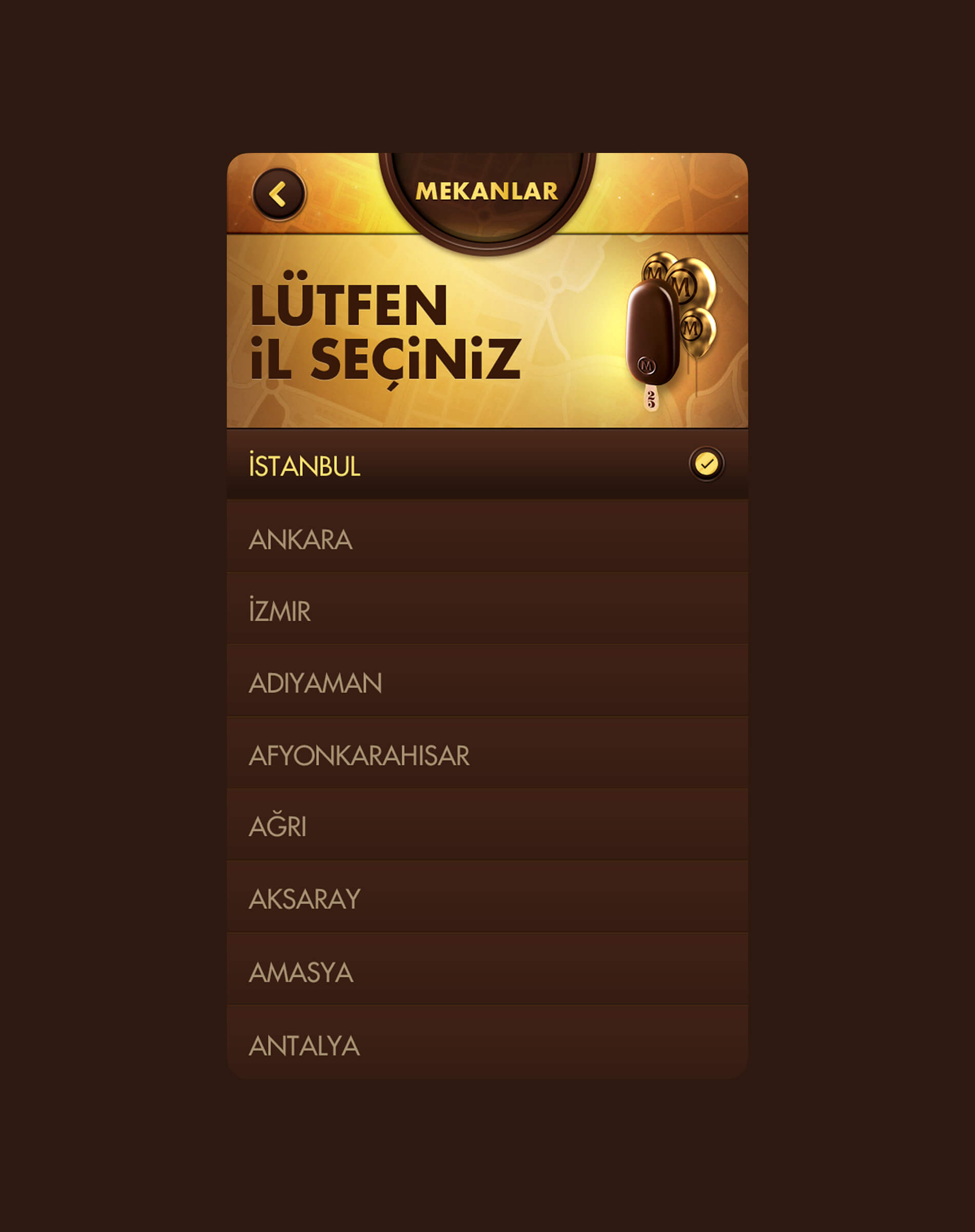 Magnum 25th anniversary app location selection screen with golden-themed dropdown menu listing Turkish cities like Istanbul, Ankara, and Izmir.