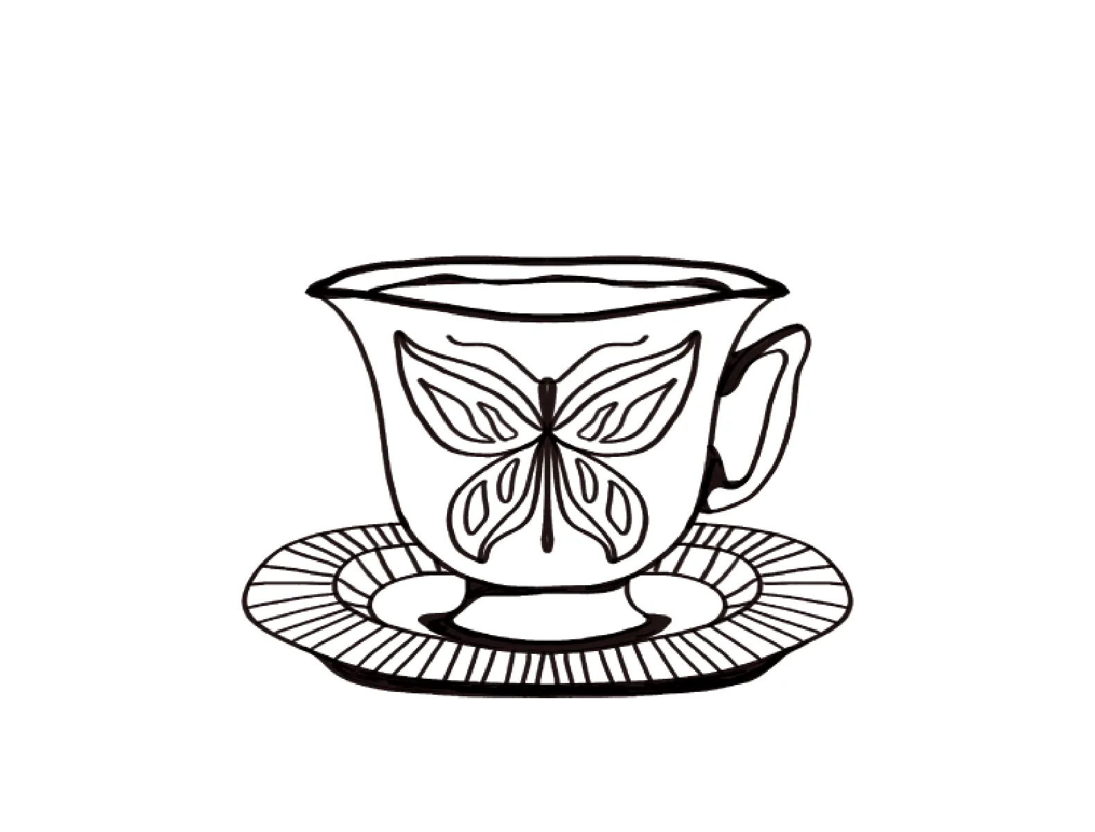 The black and white outline of a teacup with a butterfly on it.