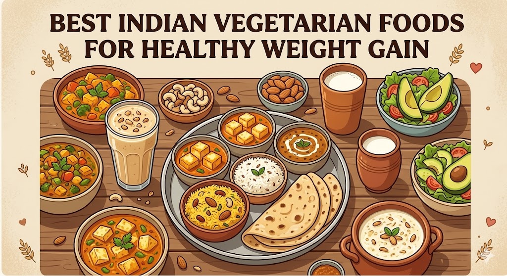 A top-down view of a traditional Indian thali on a rustic wooden table with multiple bowls of curry, rice, roti, milk, smoothies, and nuts, with the title "BEST INDIAN VEGETARIAN FOODS FOR HEALTHY WEIGHT GAIN" at the top.