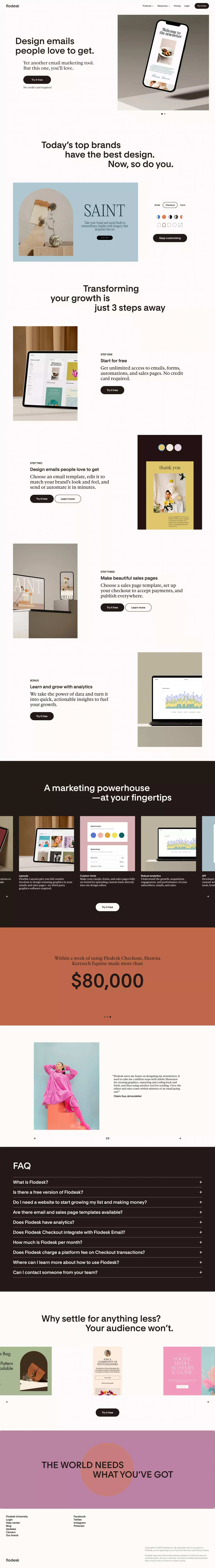 Flodesk landing page screenshot showcasing Design and Tech design