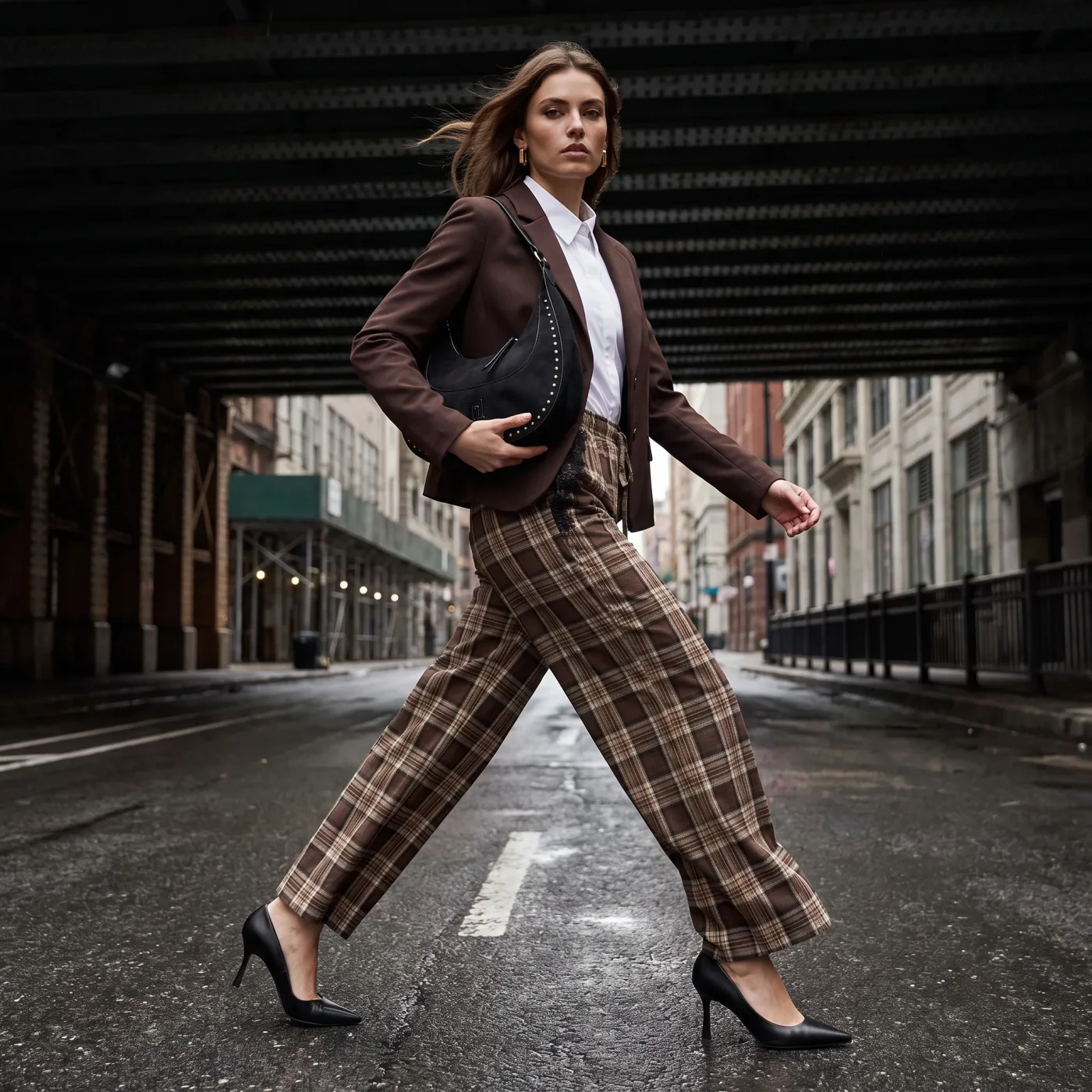 Modella che attraversa la strada con blazer cioccolato e pantalone a quadri