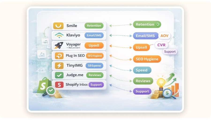 Minimal ecommerce app stack illustration with icons, metrics, and connections