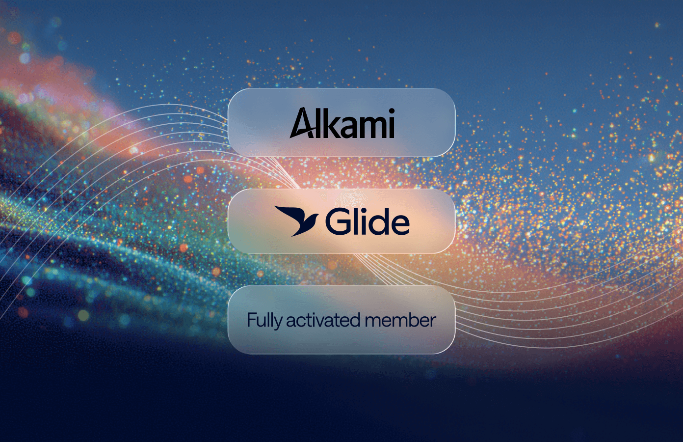 Abstract hero image showing a dynamic wave of orange and blue particles on a gradient background.