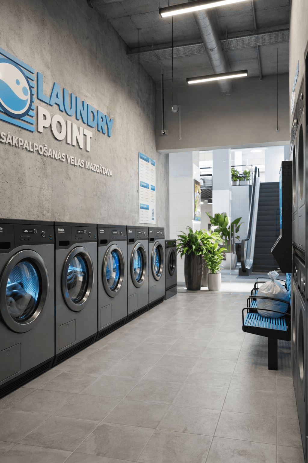 Moderns veļas mazgātavas interjers ar industriālajām veļas mašīnām Laundry Point Rīgā