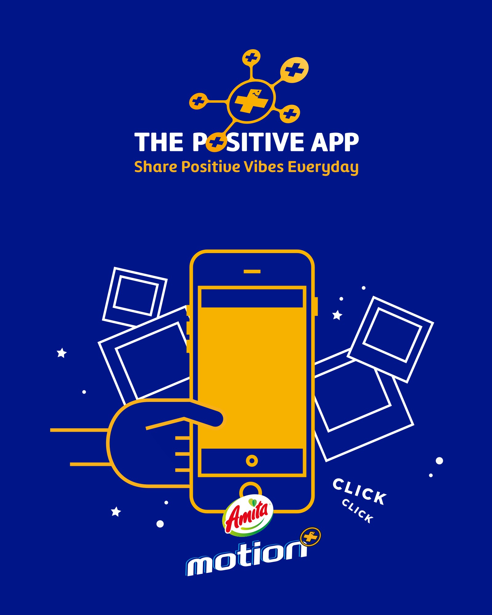 The Positive App promotional visual featuring the mobile app and Amita Motion brand