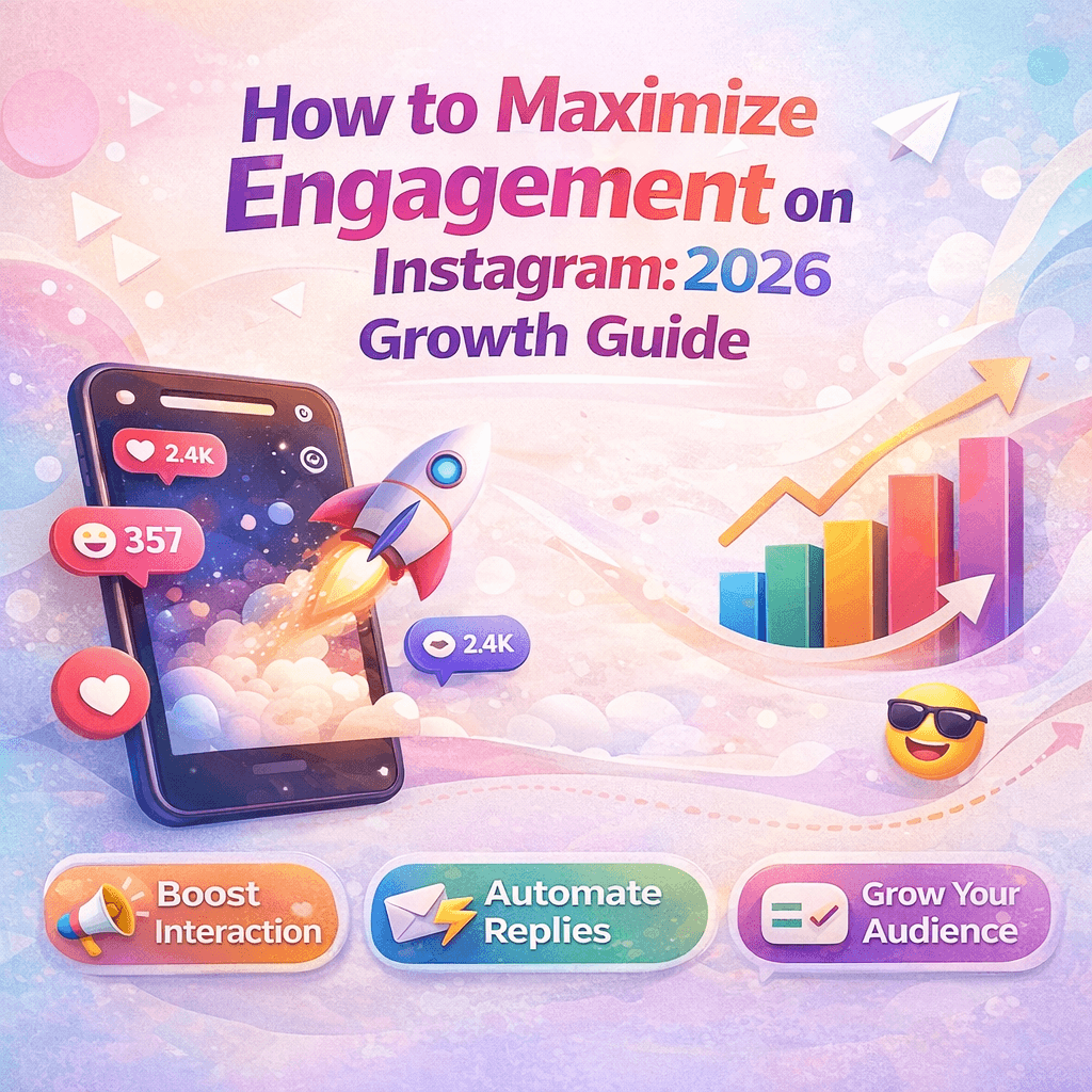 “Vertical blog cover image for ‘How to Maximize Engagement on Instagram: 2026 Growth Guide,’ featuring a smartphone launching a rocket, Instagram engagement icons, growth charts, and modern UI elements on a light pastel background.”