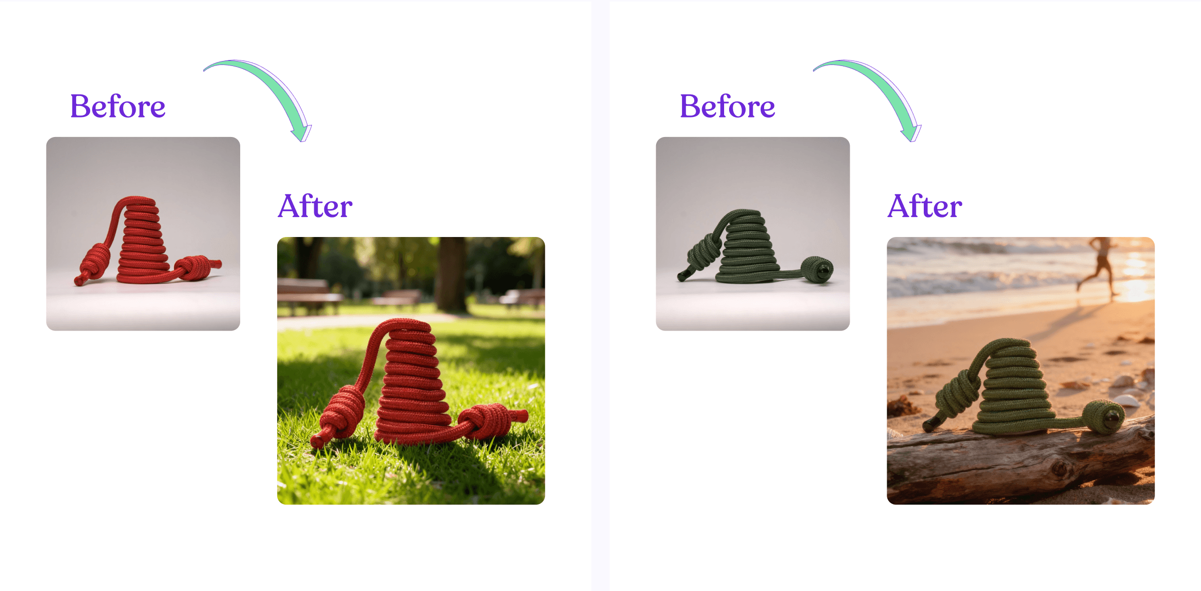 Before and after visuals demonstrating how AI product photography enhances brand storytelling by placing rope products into realistic outdoor and lifestyle environments.