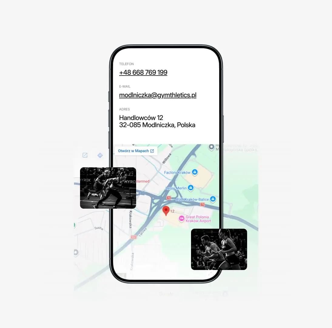 Mobile UI displaying contact information including phone number, email, and address in Modlniczka, Poland, overlaid on a map with small black-and-white photos of athletes.