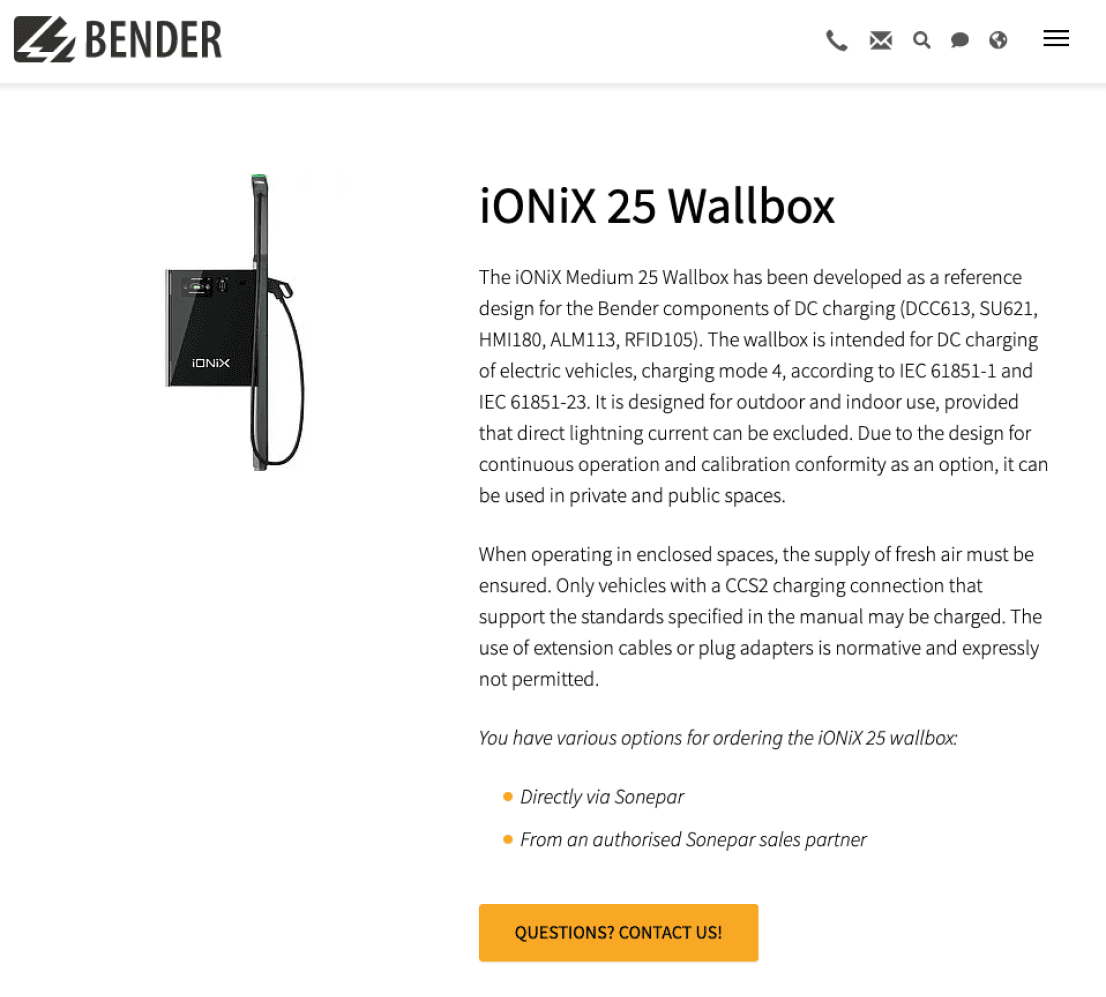 Screenshot of Bender's iONiX 24 Wallbox product description page