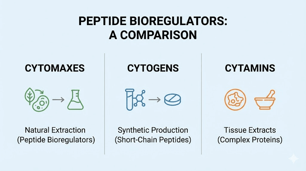 Comparison of Khavinson peptide types Cytomaxes Cytogens and Cytamins