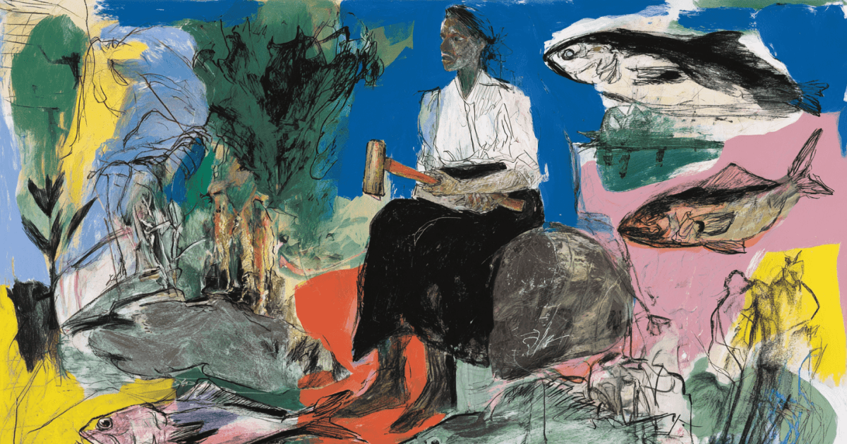 An illustration of a woman holding a hammer sitting on a rock