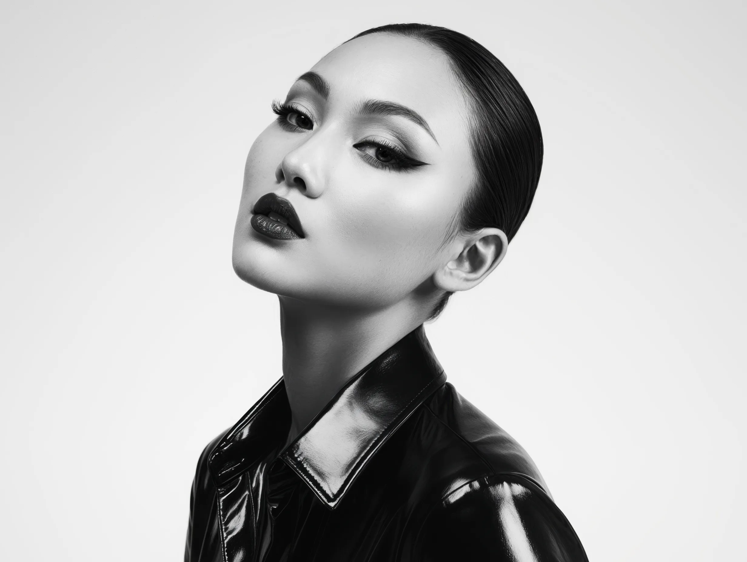Close-up portrait of a model with slicked-back hair wearing a black fashion piece