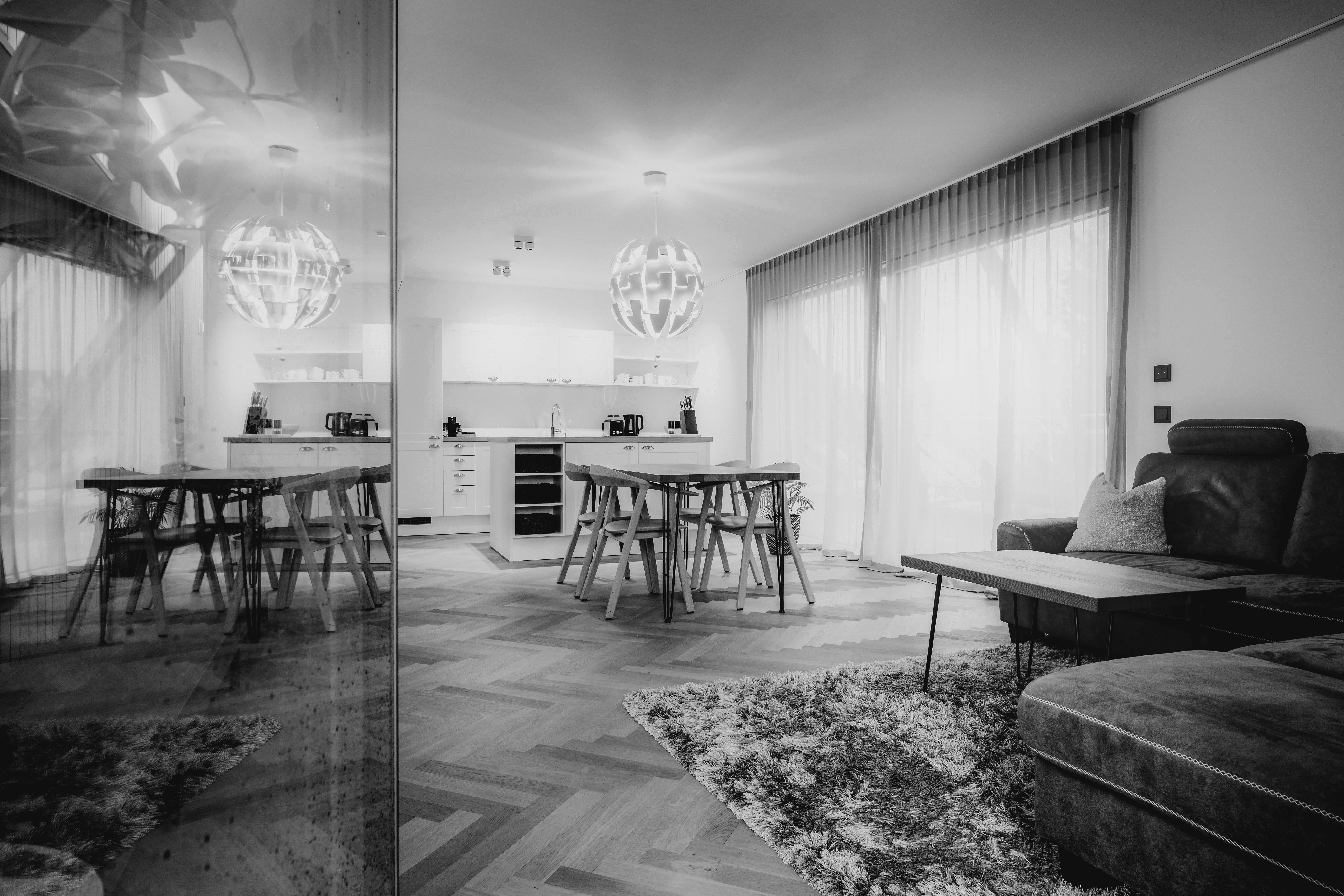 Modernes Wohnzimmer in Schwarz-Weiß mit Essbereich und Sofa. Helle, minimalistische Einrichtung.