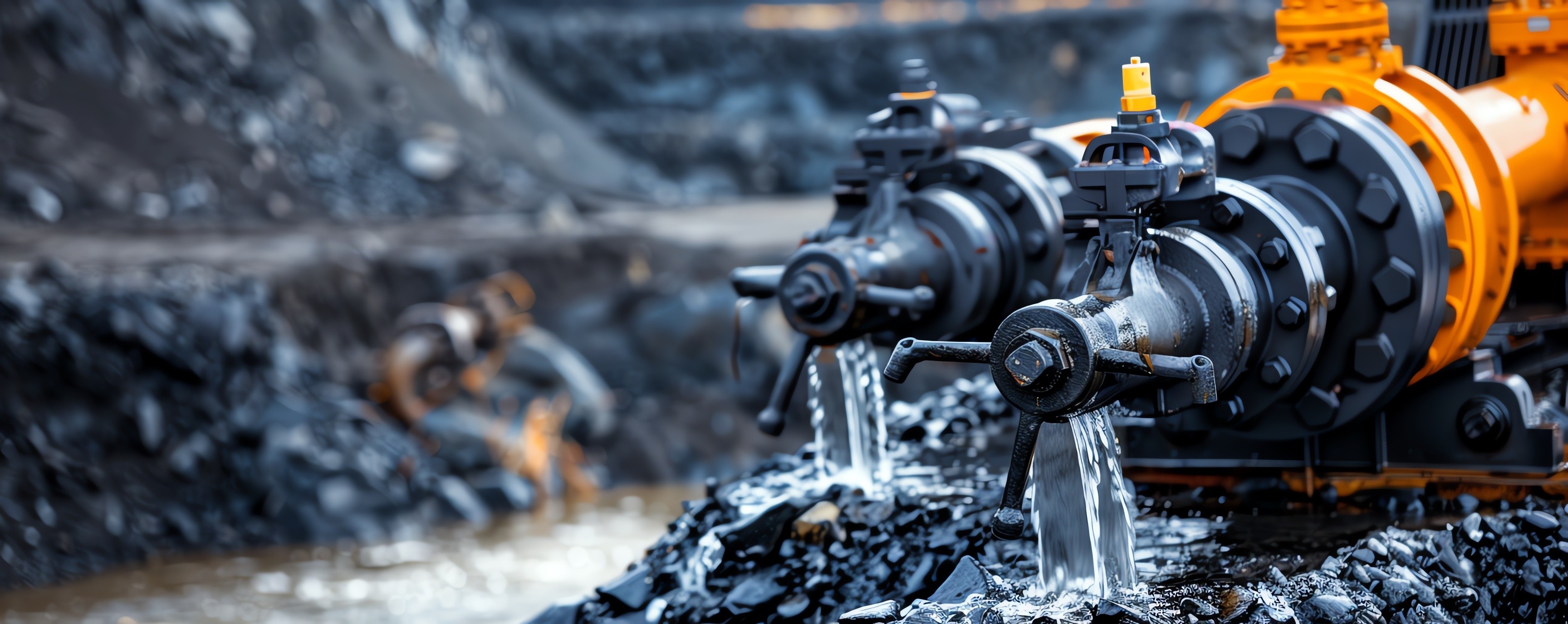 Close-up of industrial water pumps operating at a gold mining site, with water flow used for mineral processing and extraction.