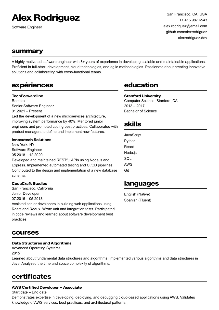 Two-column modern resume for software engineer with strong typography and clear section layout.