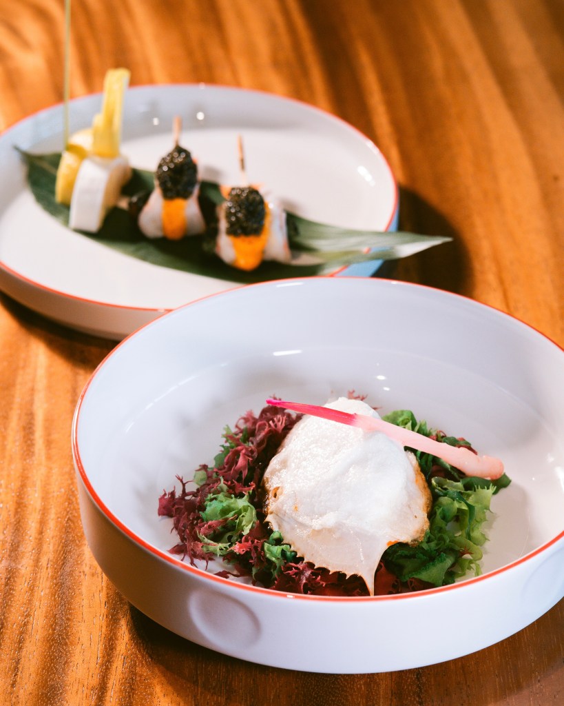 A beautifully presented dish featuring vibrant salad greens topped with a delicate, airy foam, and a hint of pink garnish, alongside a sophisticated plate of sushi and caviar.