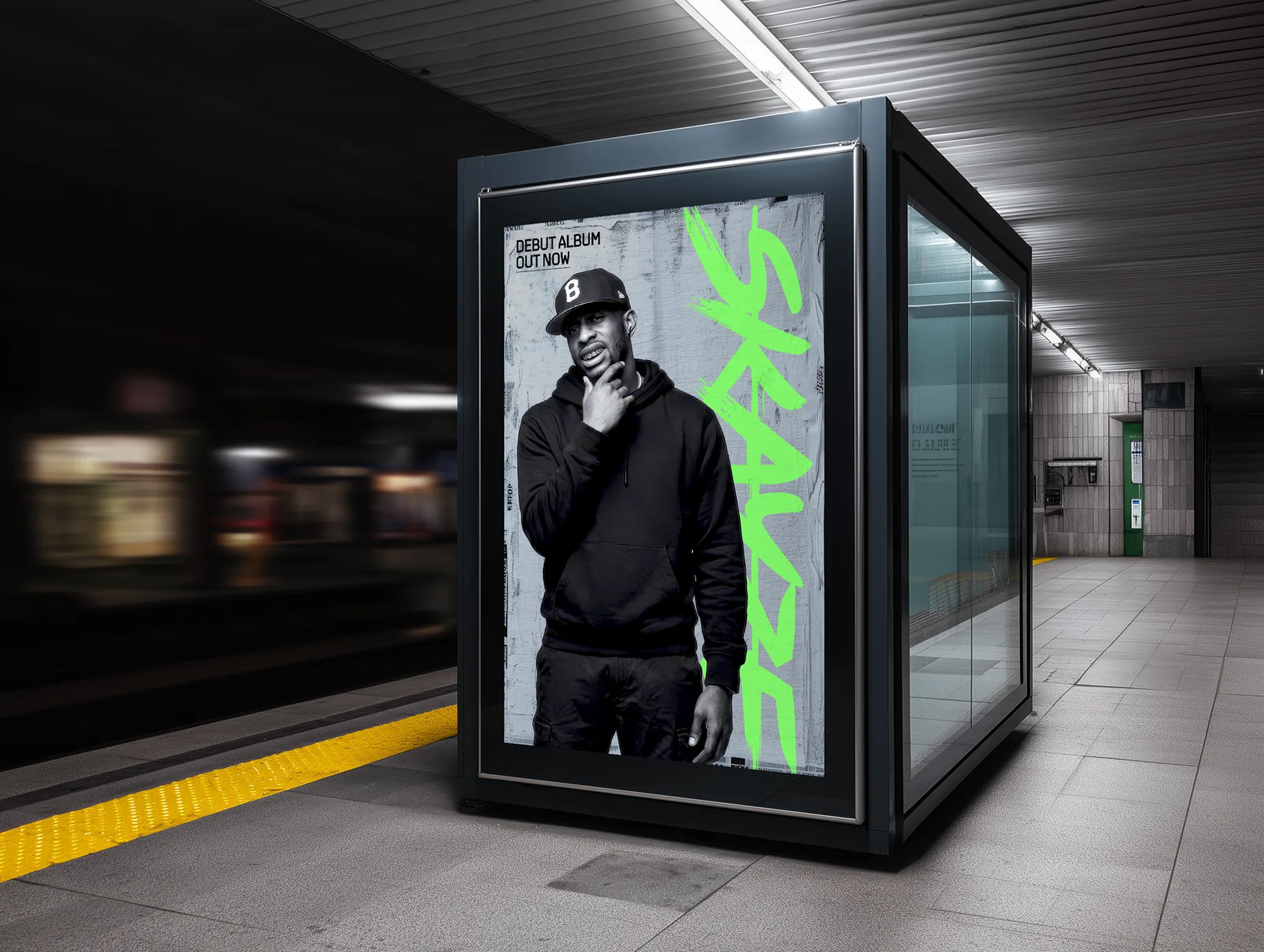 Transit advertising display featuring London music artist Skayze Daze in an urban underground station setting.