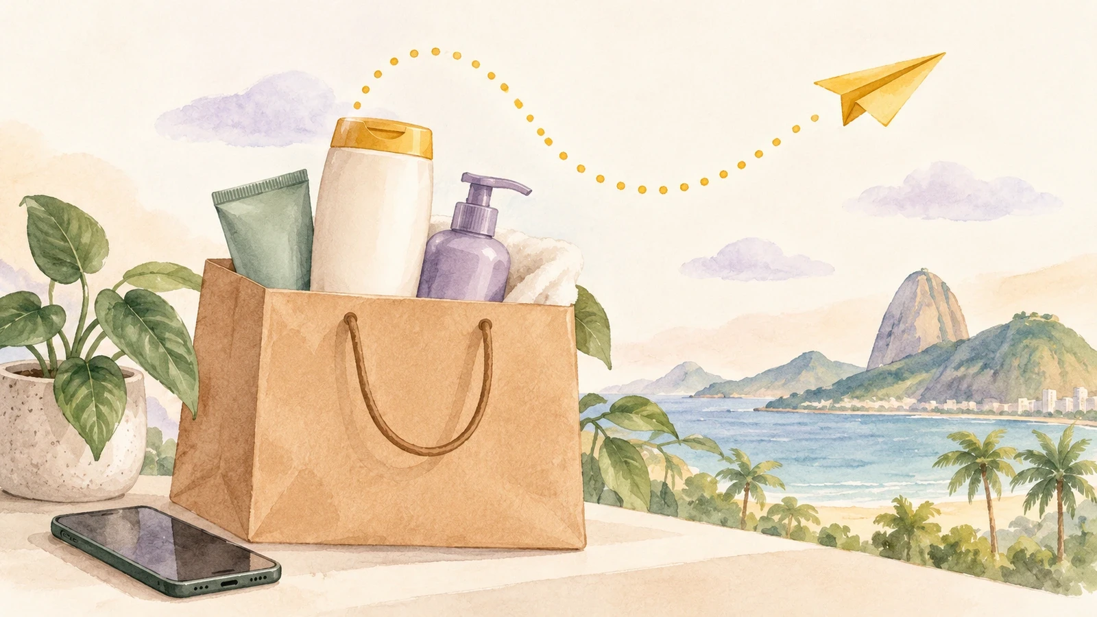 Ilustração em aquarela digital mostrando sacola de cuidados pessoais, celular e avião de papel, representando compras que ajudam a viajar.