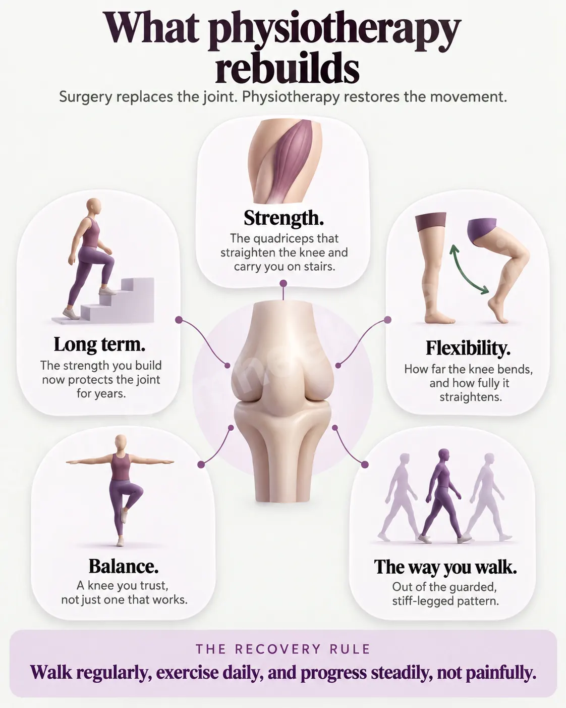 Physiotherapy after knee replacement rebuilds strength, flexibility, walking pattern, balance and long-term function.