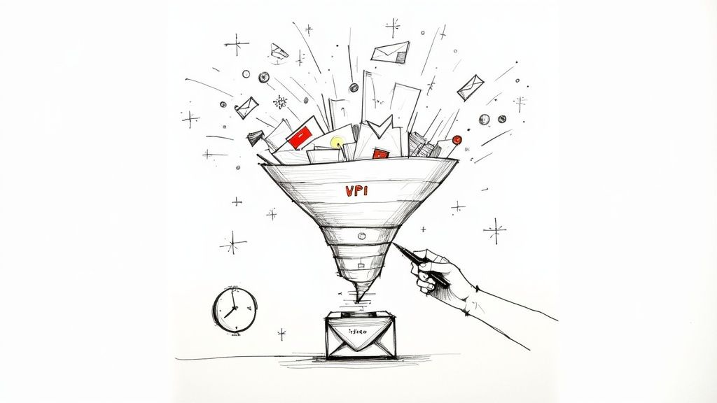 Funnel diagram showing VPI inbox management system filtering emails with hand pointing at organized output
