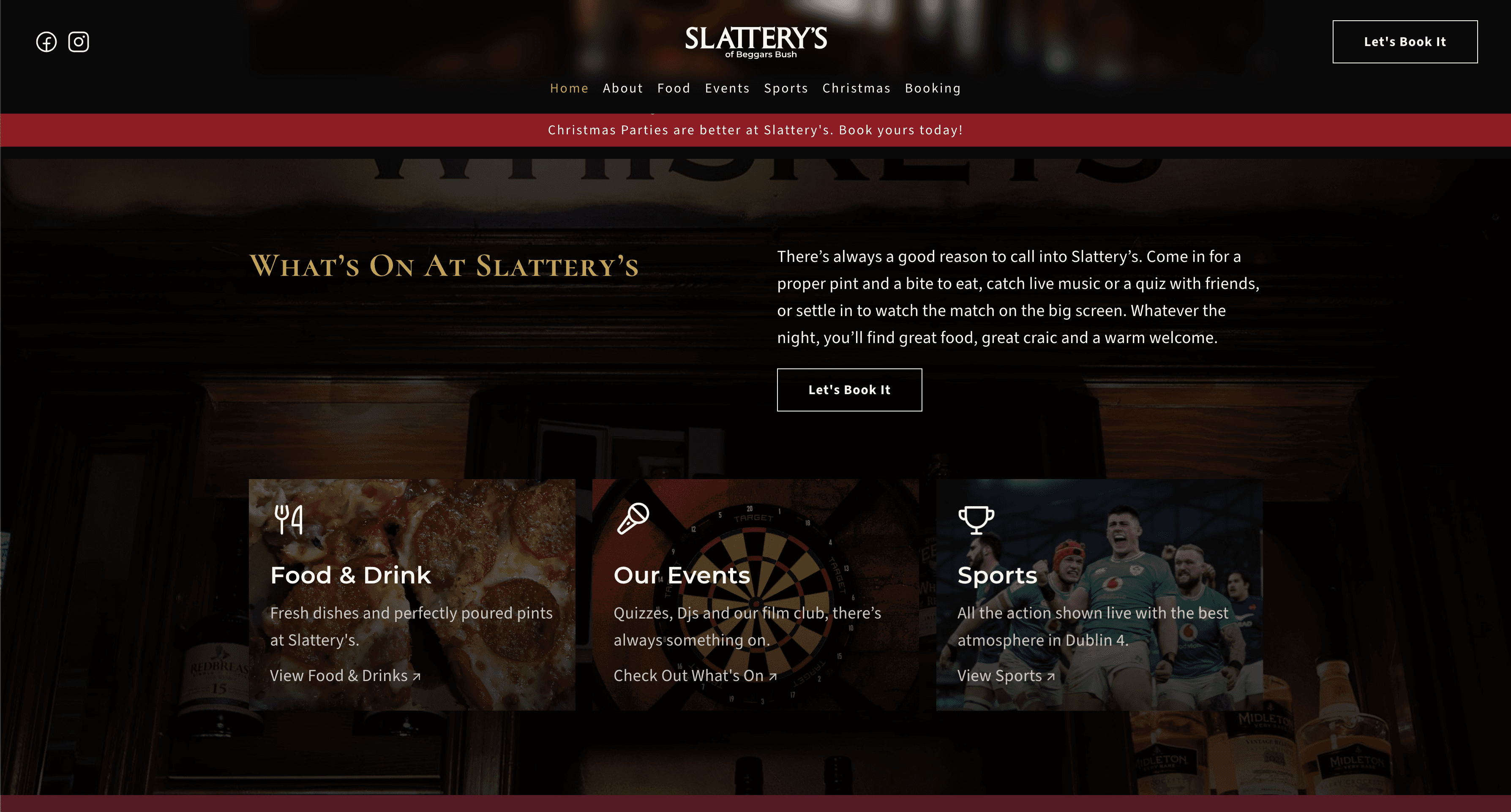 UI showing what's on at Slattery's Bar in Dublin 4.
