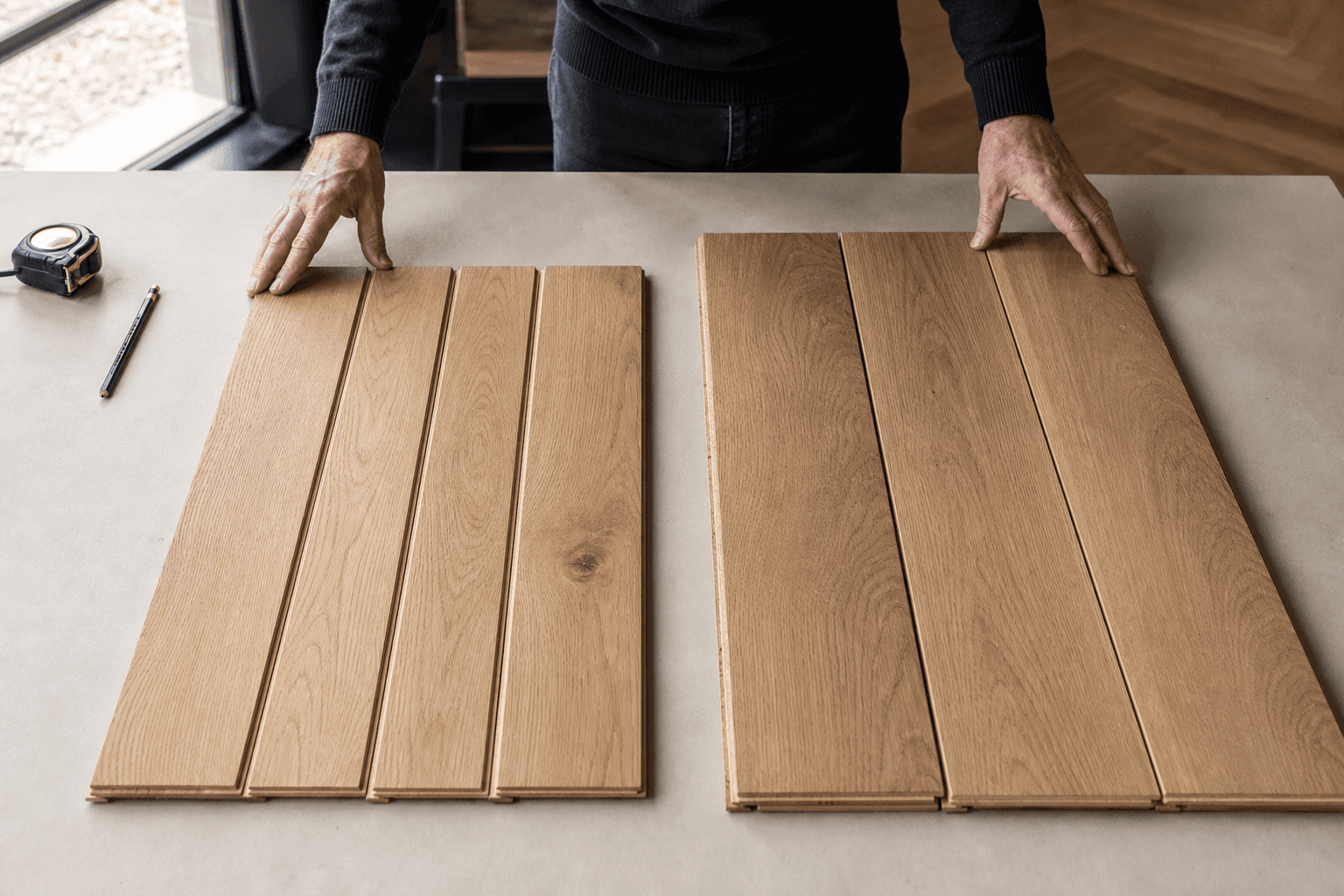 Comparaison de lames de parquet en chêne larges et étroites dans un showroom