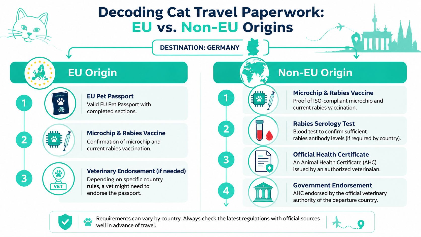 An infographic detailing the necessary travel documents for bringing a cat into Germany from EU and non-EU countries.