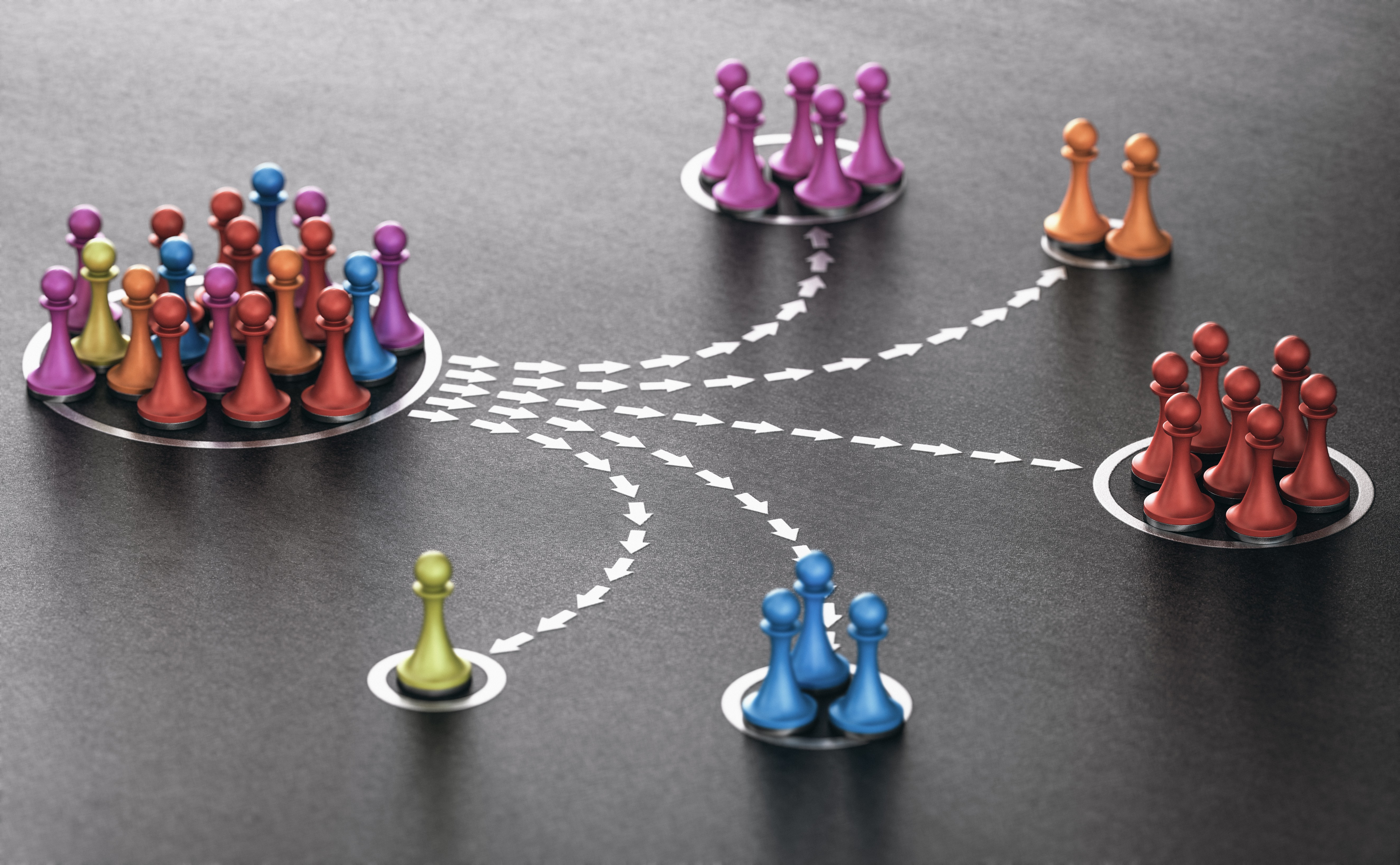 Colorful chess pawns grouped on circular platforms with dotted arrows connecting them, representing how a marketing system moves prospects through a structured path from audience to acquisition