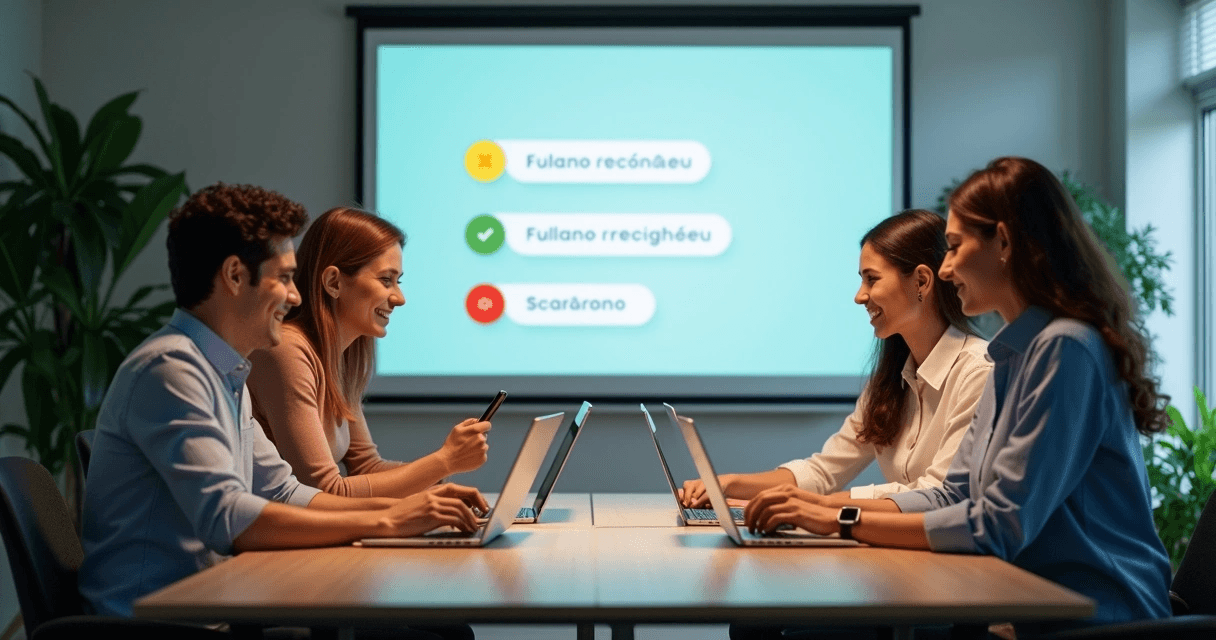 Time compartilhando reconhecimento entre colegas via plataforma digital