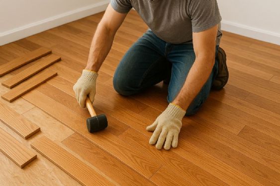 專業裝修師傅正在現場鋪設木地板，使用橡皮鎚安裝地板材料，展示優質室內裝修木地板工程施工細節。