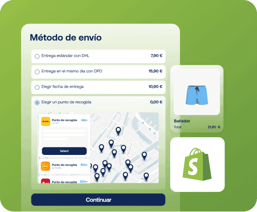 Pantallazo con los diferentes métodos de envío con Shopify (DHL, DDP, entrega en fecha determinada y recogida en punto de servicio).