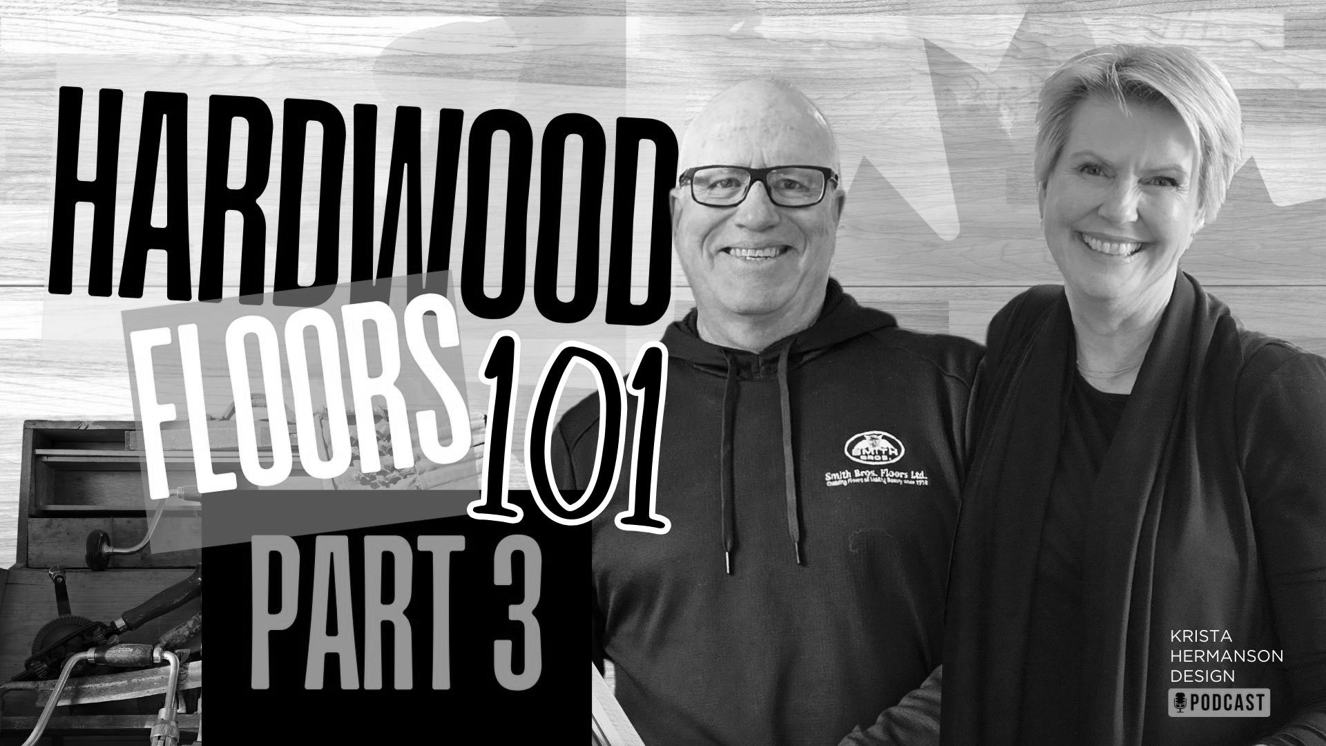 Man and woman smiling at the camera with hardwood floors 101 text in front