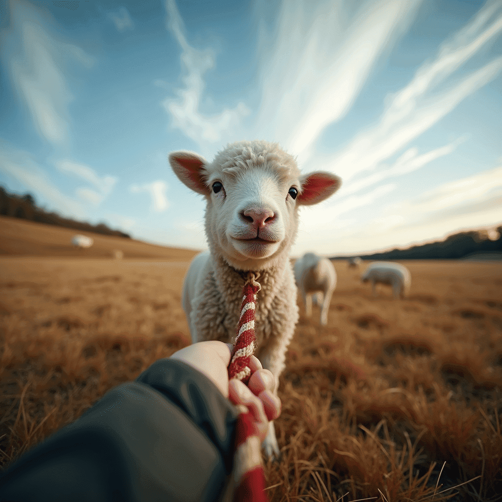 POV wide-angle shot of a cute lamb on a red-and-white rope lead, nose-to-camera in sharp focus with creamy bokeh, standing in a golden field at sunset with a few sheep softly blurred in the background and streaked clouds overhead, soft warm light, shallow depth of field, 35mm look, high detail.