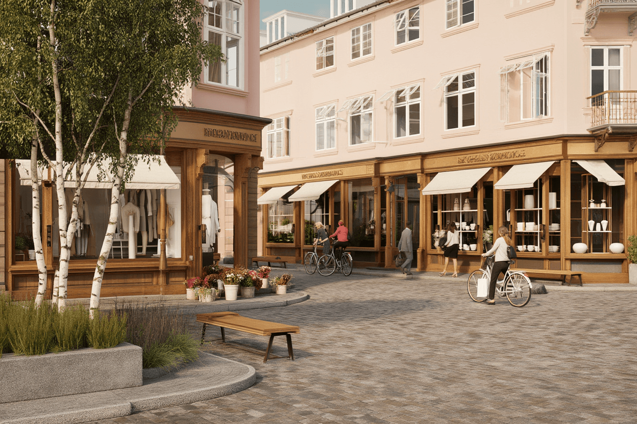 Outdoor street-level retail plaza with traditional architecture and pedestrians
