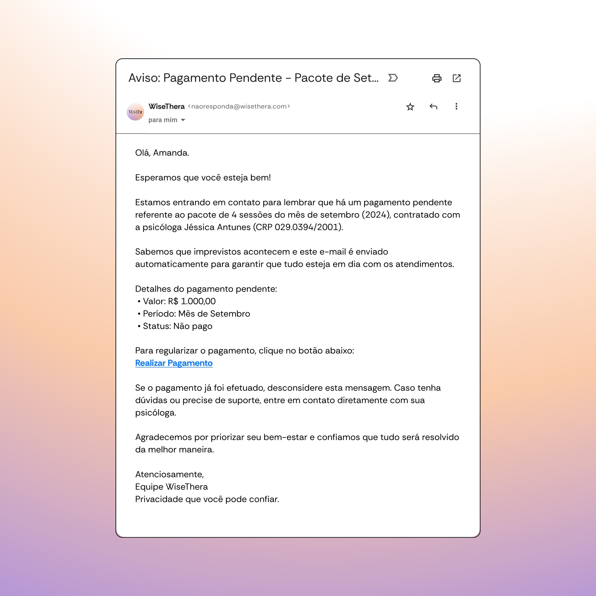 E-mail automático da WiseThera informando sobre pagamento pendente de R$ 1.000,00 referente a um pacote de sessões, com opção de regularização via link.